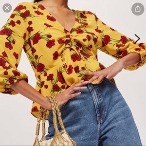 NWOT Topshop Mustard Yellow and Red Floral Lace Up Front Top Size 10
